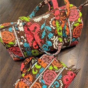 Vera Bradley Quilted Floral Travel Set in Brown with Bright Multicolor Flowers